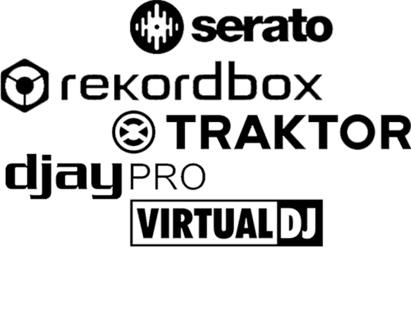 Logos of DJ software Rekwest exports to: Serato, rekordbox, Traktor, djay Pro and Virtual DJ