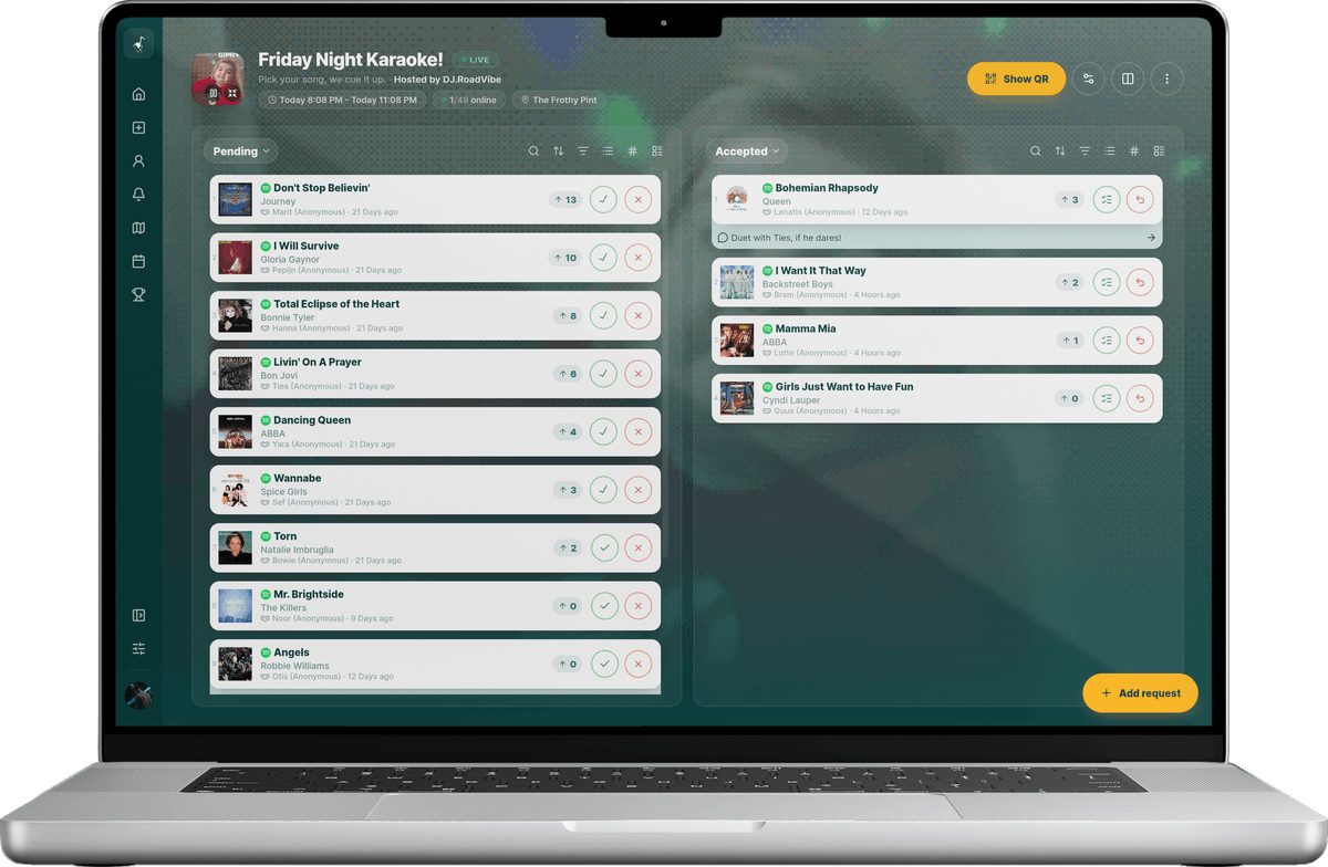 The Rekwest app shown on a MacBook