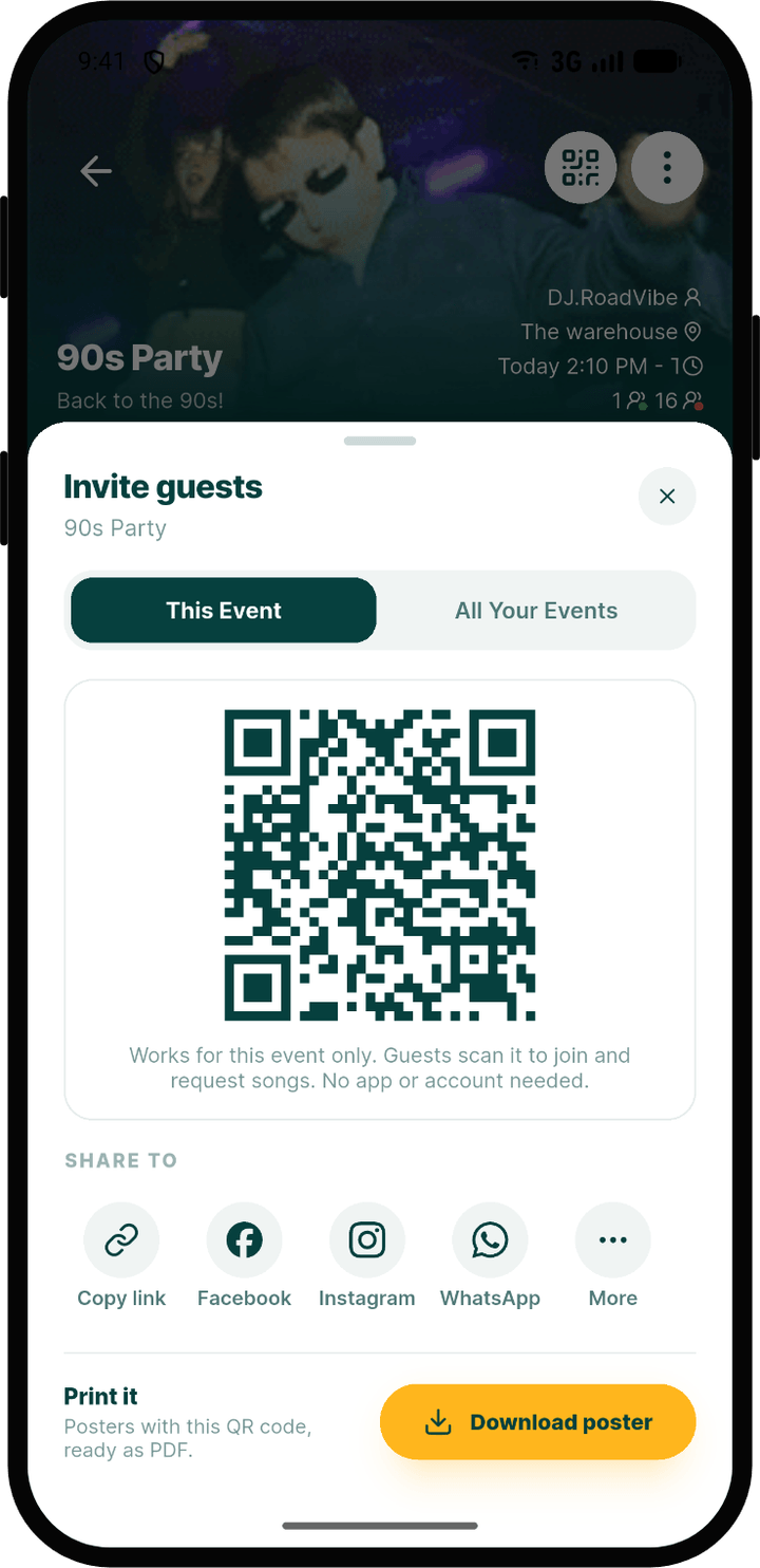 Invite guests sheet with the event QR code