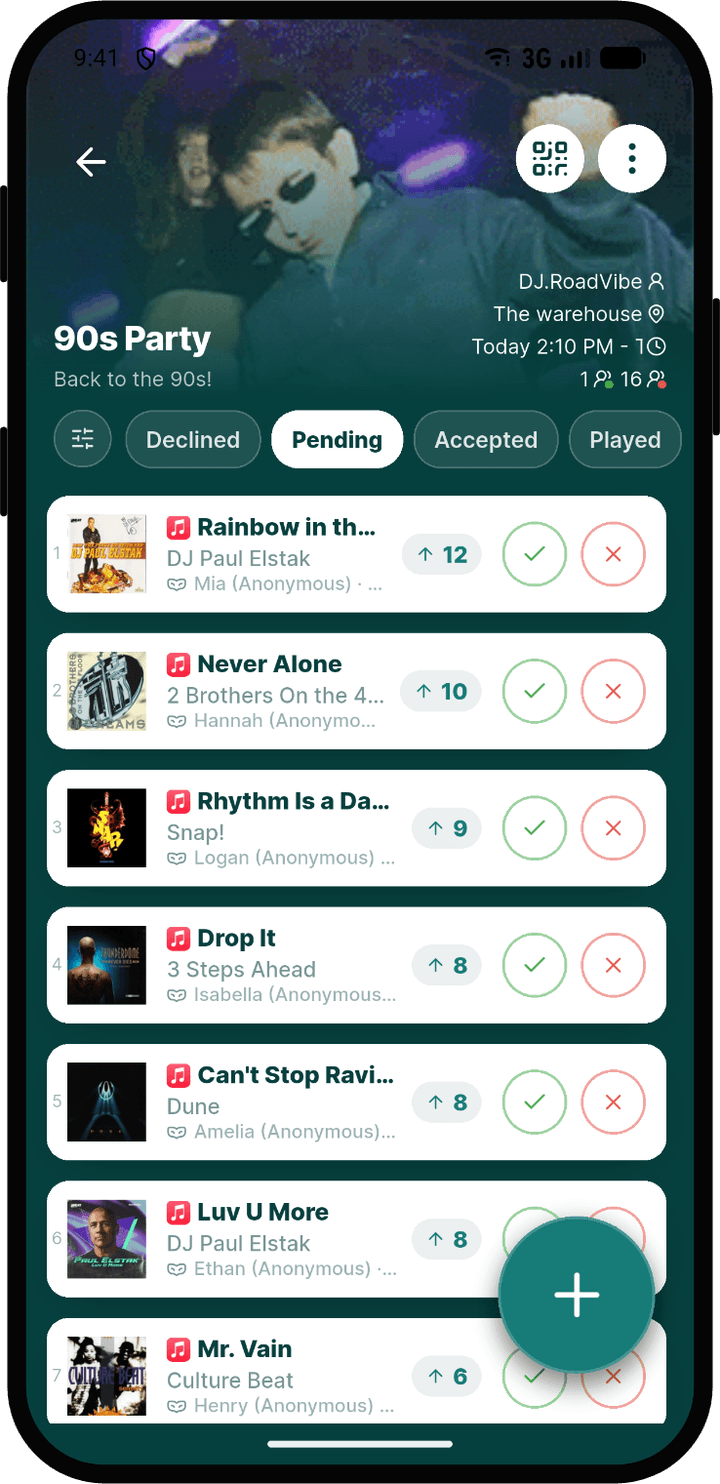 Rekwest event screen with guests upvoting and downvoting pending song requests