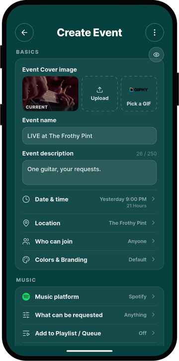 Rekwest 'Create Event' screen with name, cover image, duration and privacy settings