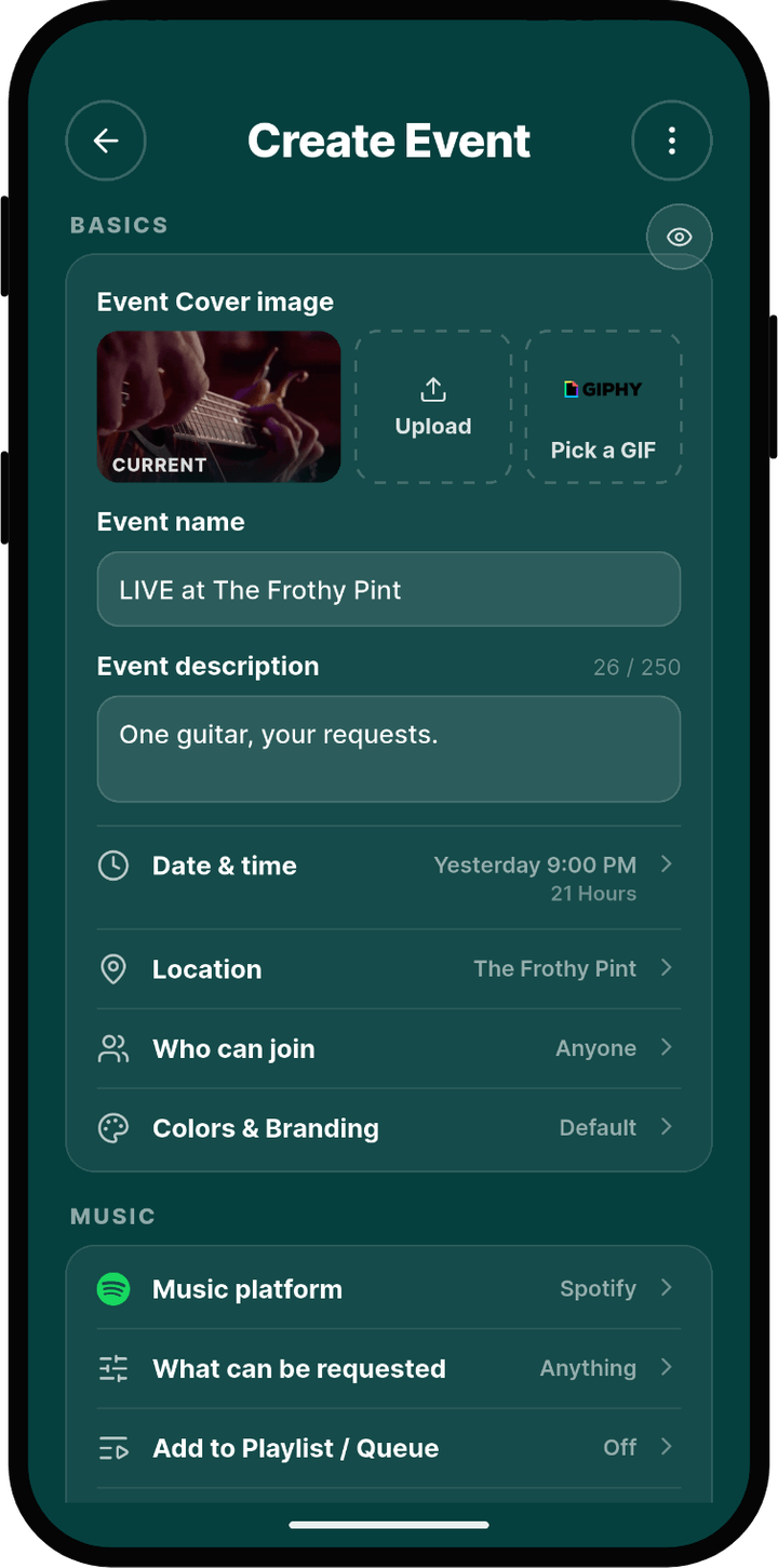 Rekwest 'Create Event' screen with name, cover image, duration and privacy settings