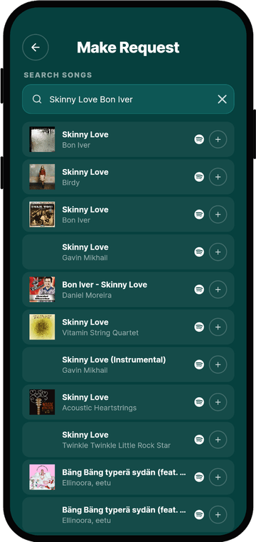 Rekwest 'Create request' screen searching Spotify for songs to request