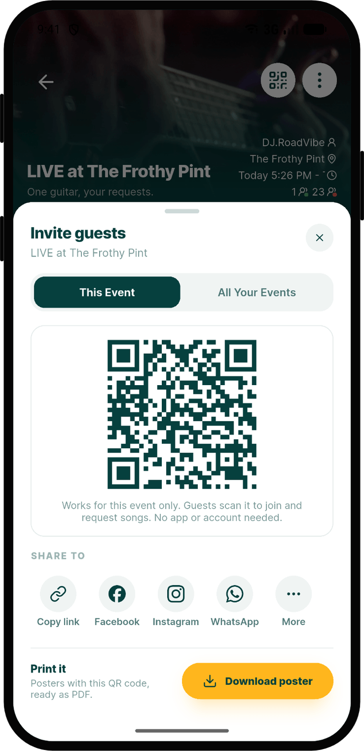 Invite guests sheet with the event QR code