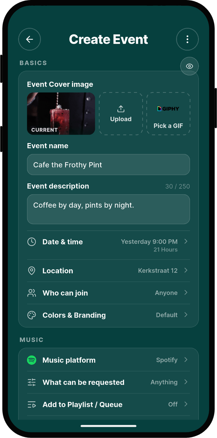 Rekwest 'Create Event' screen with name, cover image, duration and privacy settings