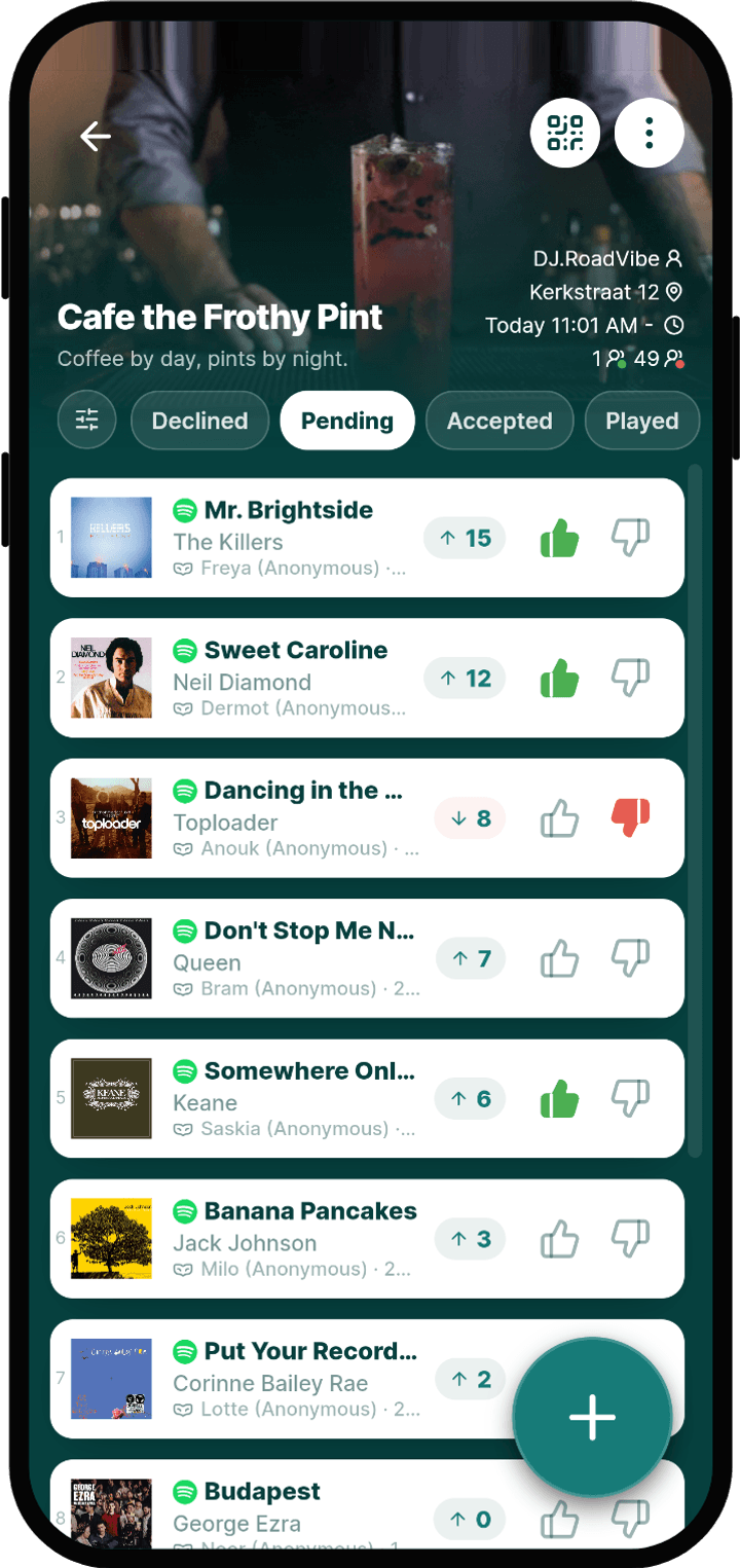 Guest view of song requests with upvotes