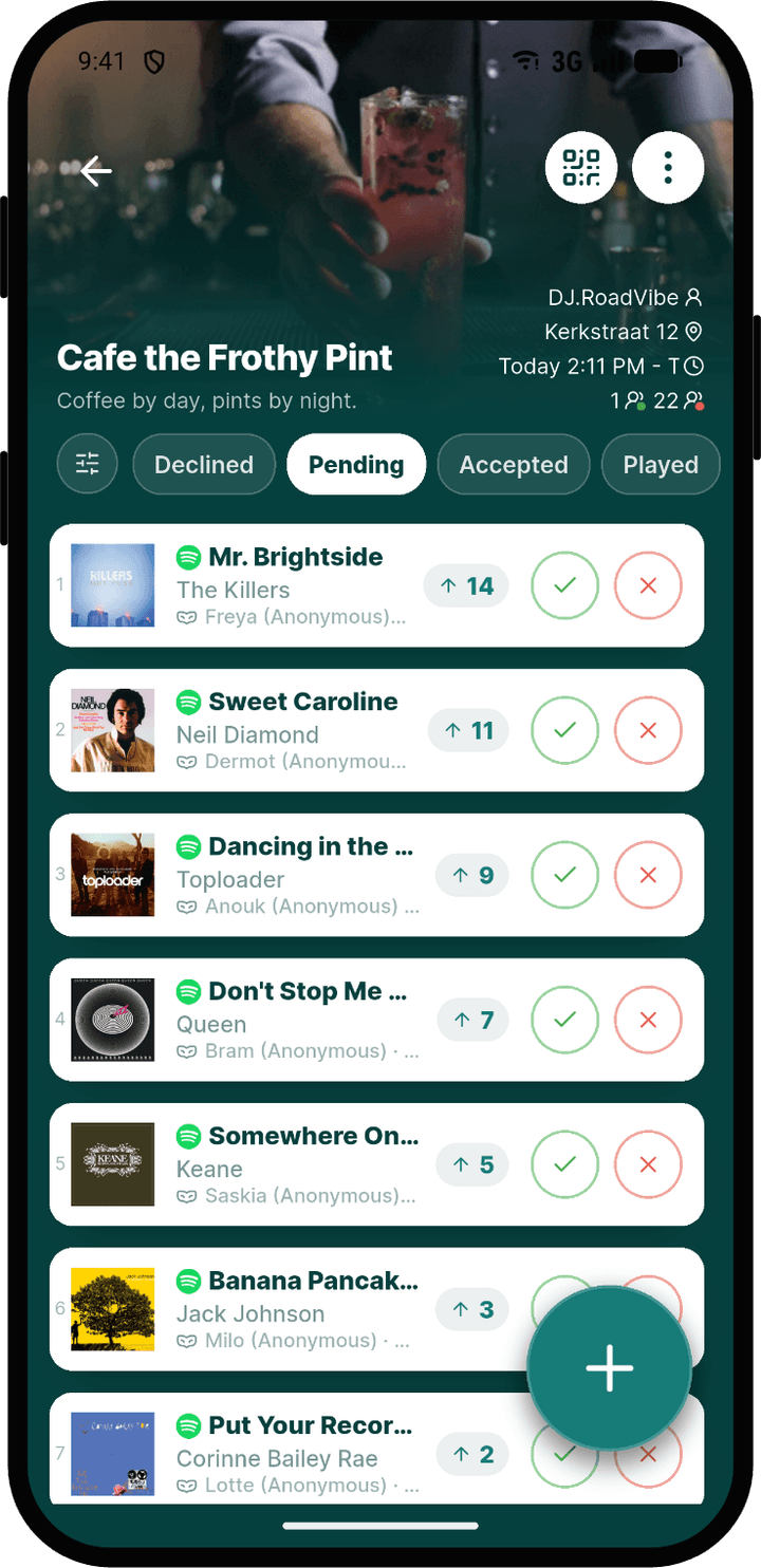 Rekwest event screen with guests upvoting and downvoting pending song requests