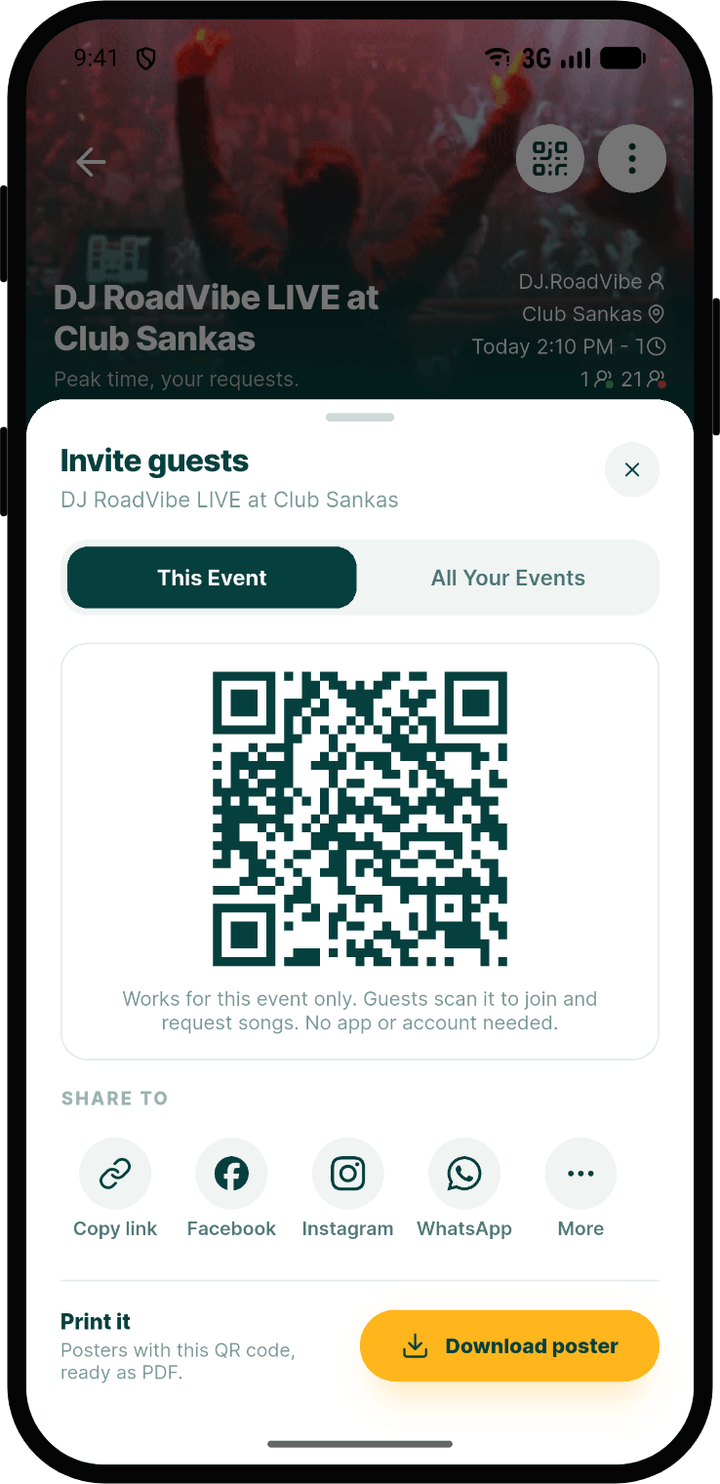 Invite guests sheet with the event QR code