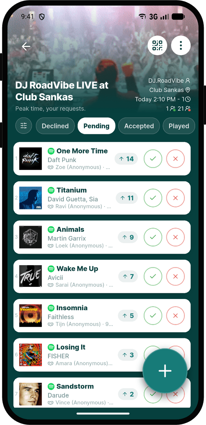 Rekwest event screen with guests upvoting and downvoting pending song requests