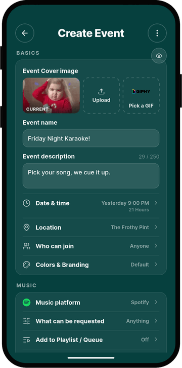 Rekwest 'Create Event' screen with name, cover image, duration and privacy settings