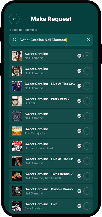 Rekwest 'Create request' screen searching Spotify for songs to request