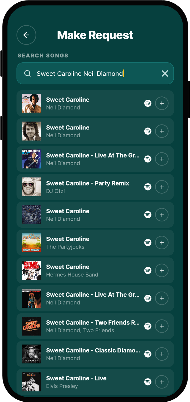 Rekwest 'Create request' screen searching Spotify for songs to request