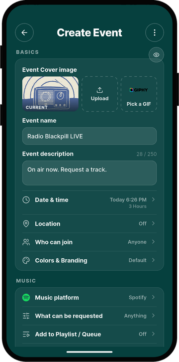 Rekwest 'Create Event' screen with name, cover image, duration and privacy settings