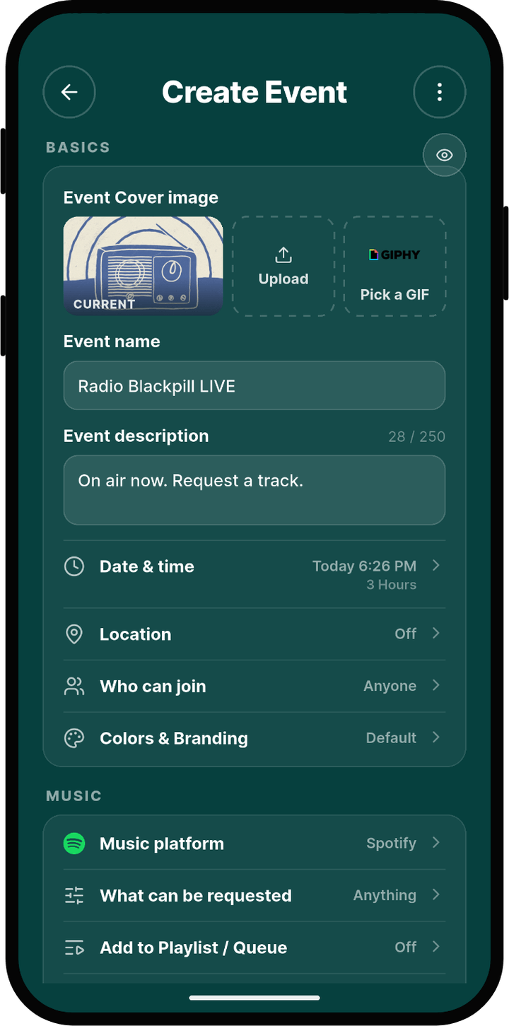 Rekwest 'Create Event' screen with name, cover image, duration and privacy settings