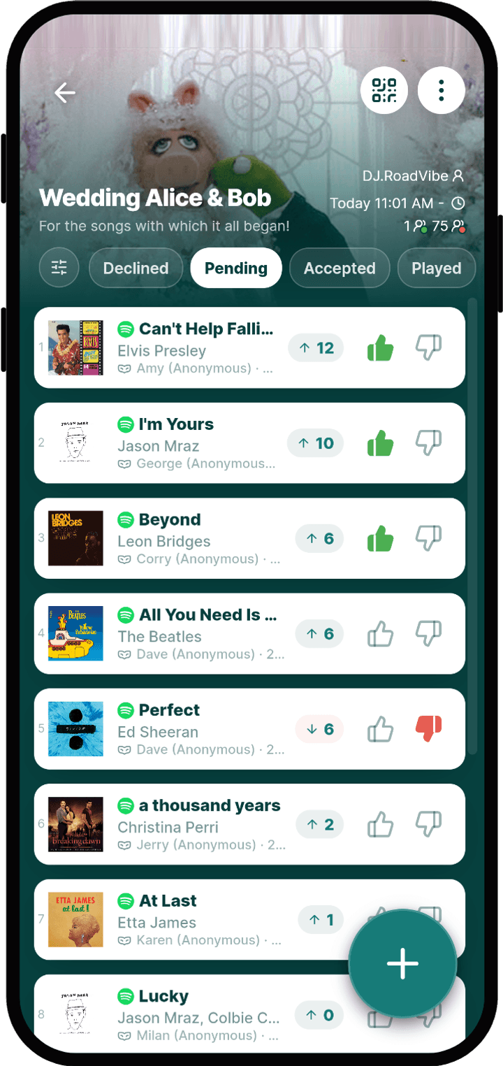 Guest view of song requests with upvotes