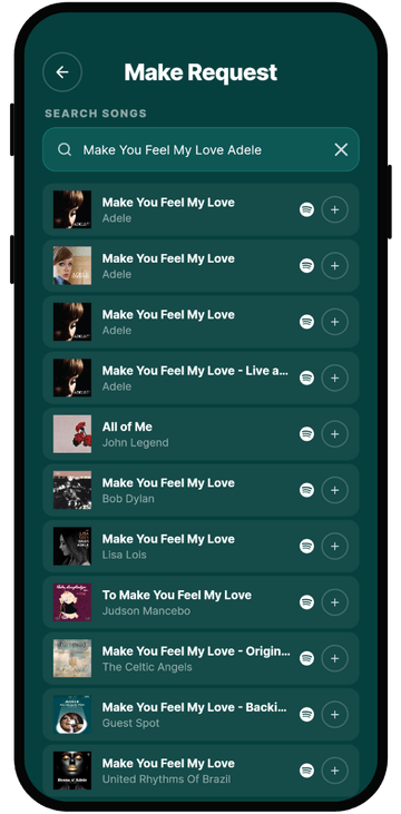 Rekwest 'Create request' screen searching Spotify for songs to request
