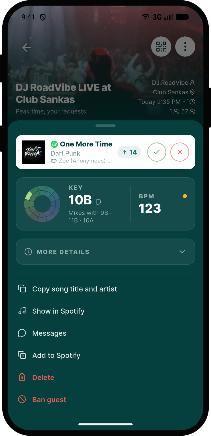 The BPM and key of a song request in Rekwest, with the keys that mix with it
