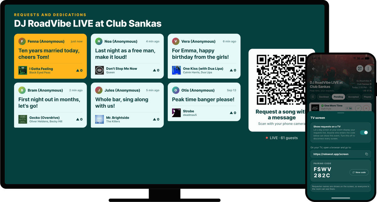 The same TV in dedications mode, showing the messages guests added to their requests