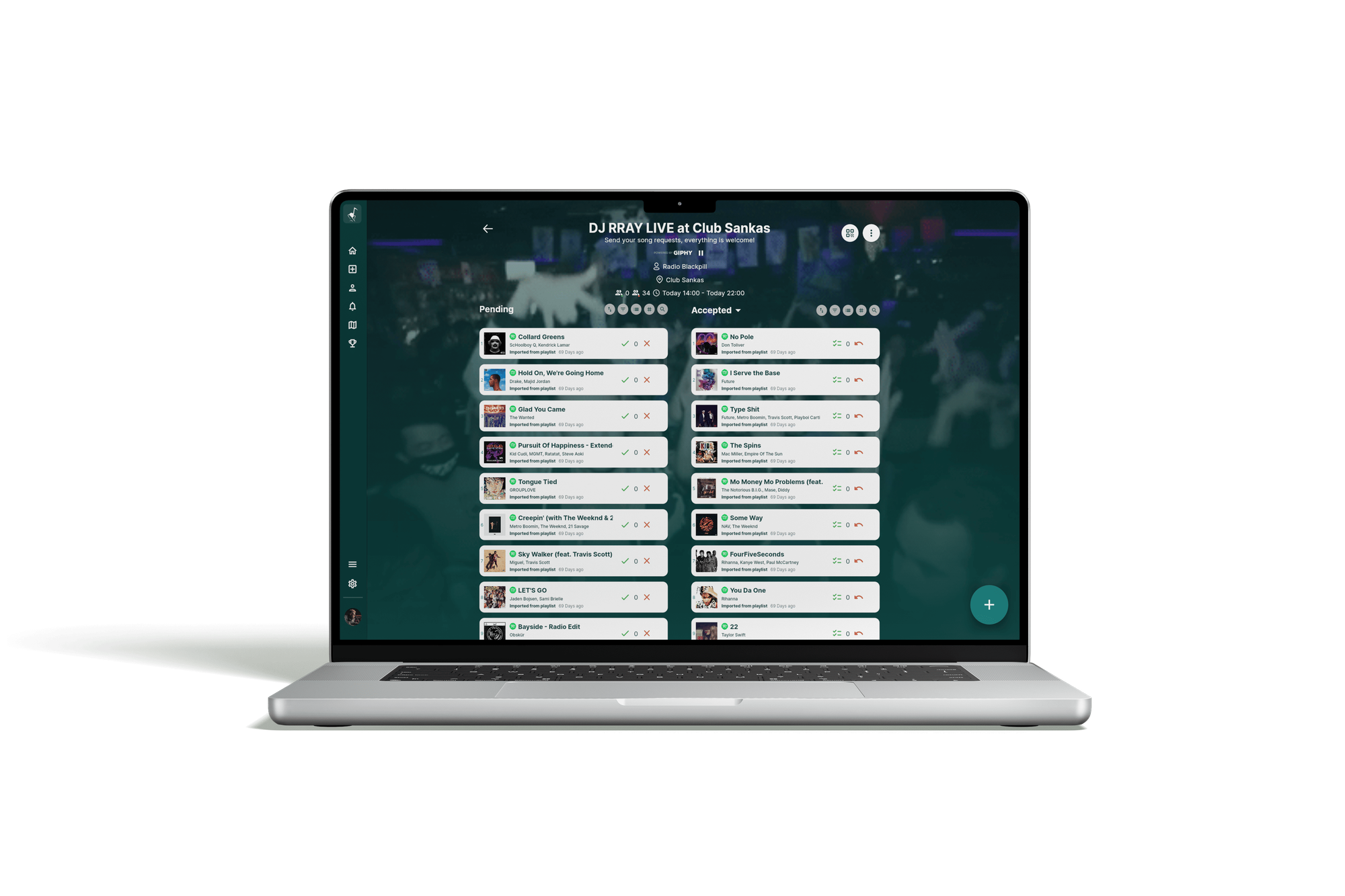 Rekwest song request app for club DJs on MacBook