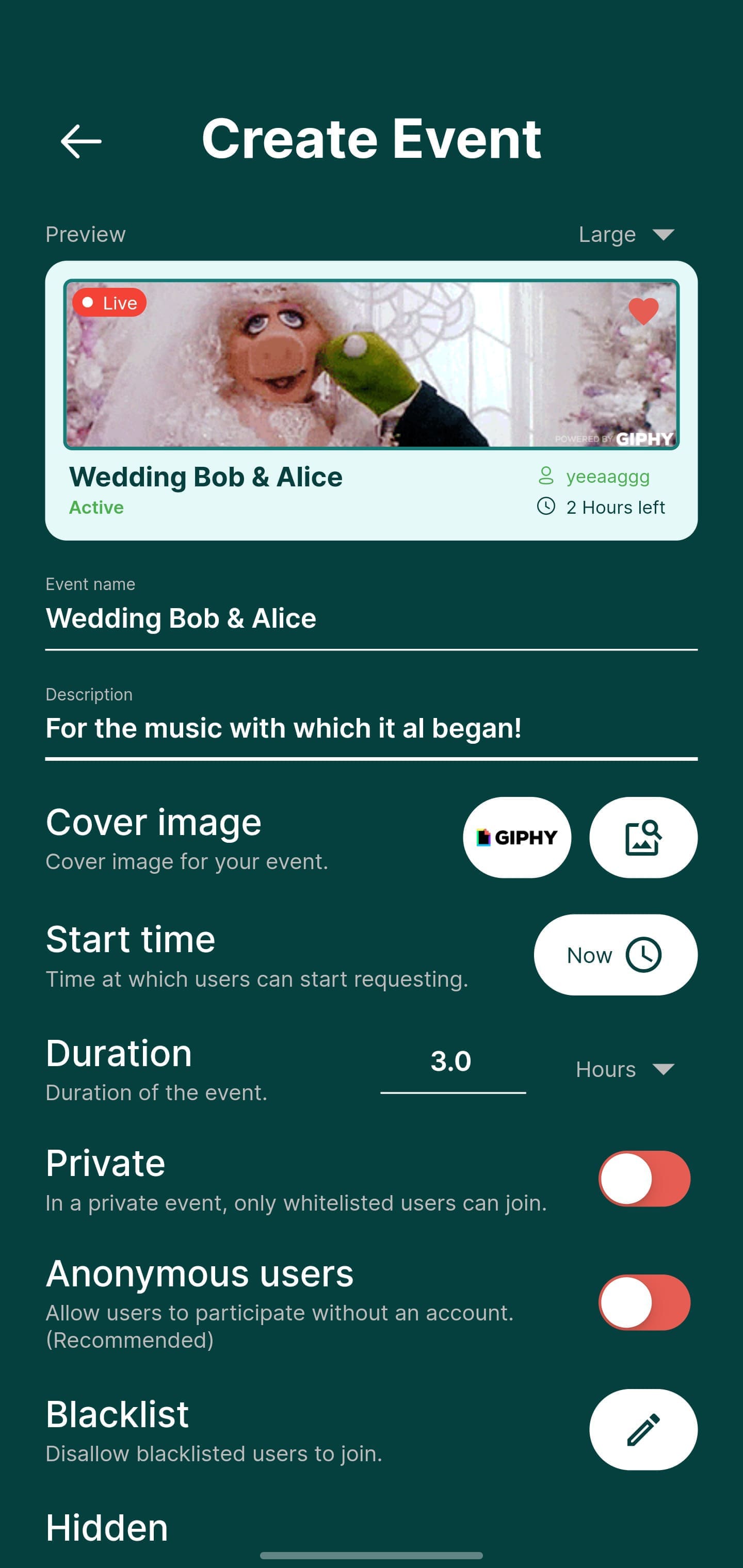 Rekwest 'Create Event' screen setting up a venue's live music night with name, cover image, duration and privacy settings