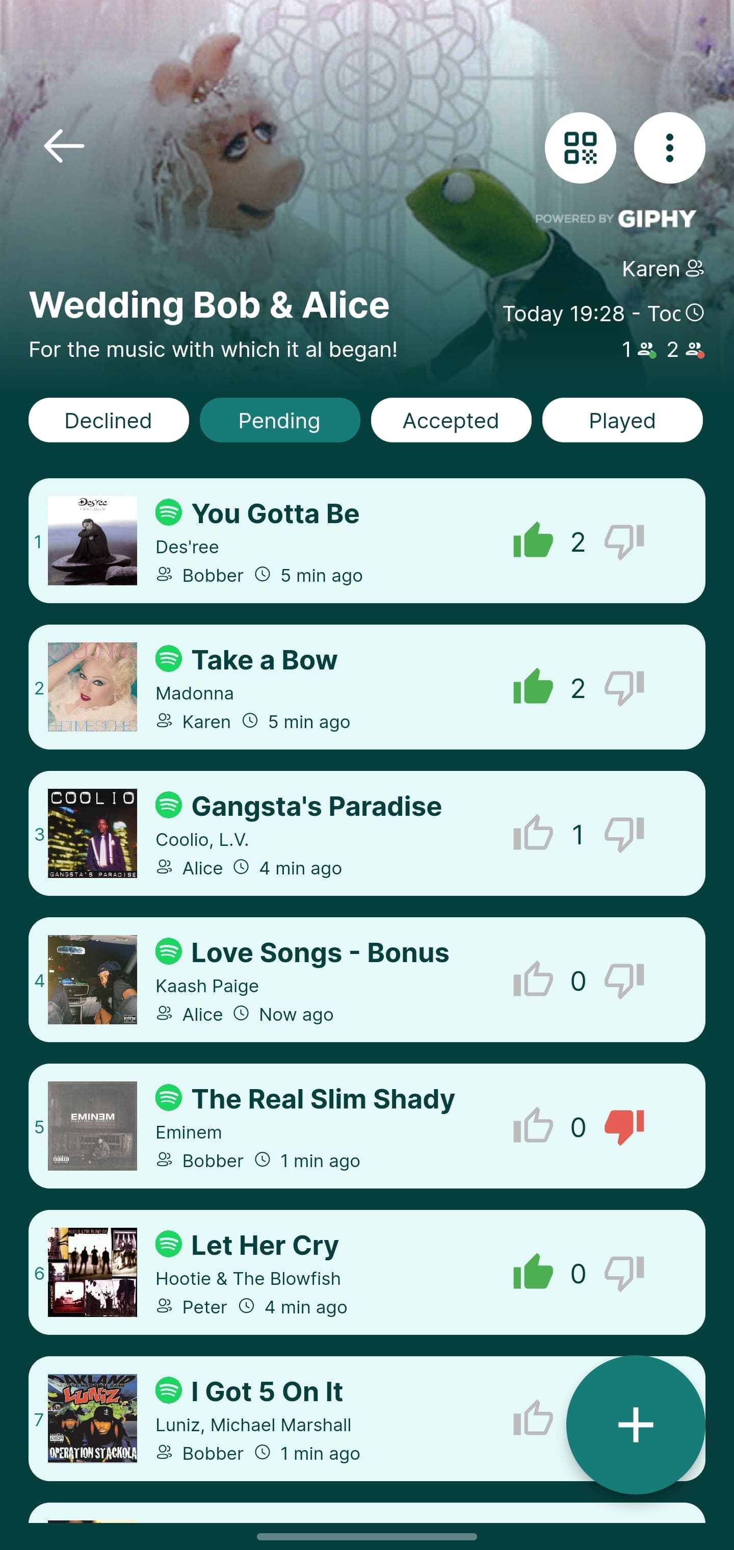 Rekwest venue event screen with guests upvoting and downvoting pending song requests