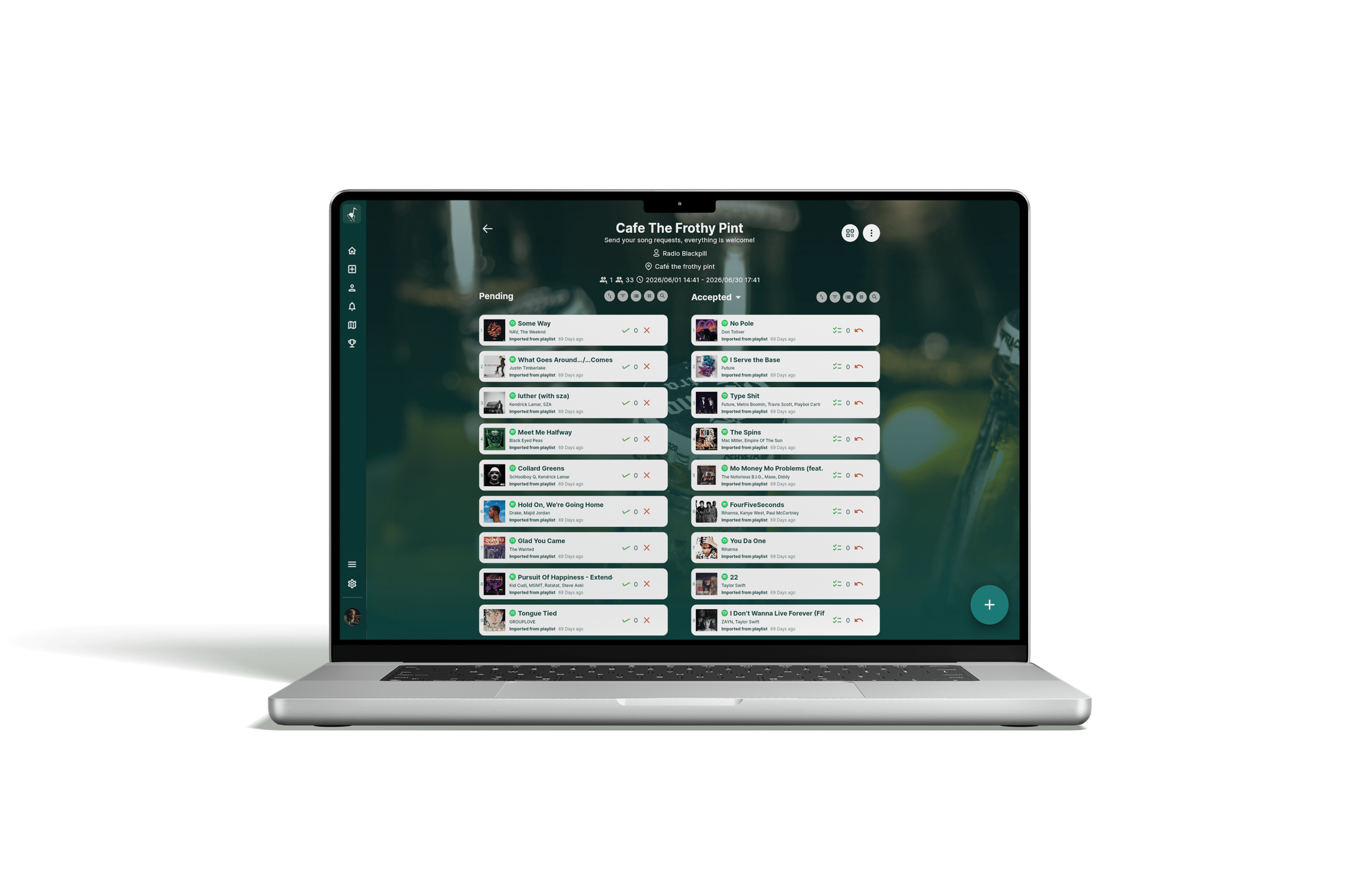 Rekwest song request app for pubs, bars and cafés on MacBook