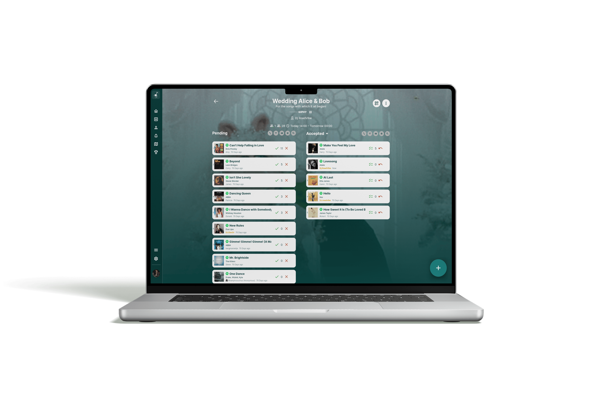 Rekwest song request app for wedding DJs on MacBook